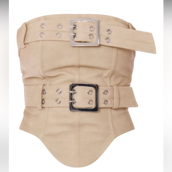 Faux Leather Bandeau Buckle Detail Dip Hem Corset - Picture 4 of 5